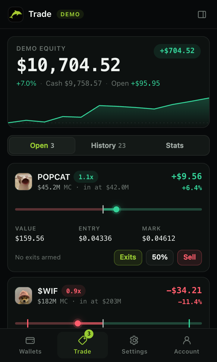 TrenchEZ Trade panel with equity curve and open positions